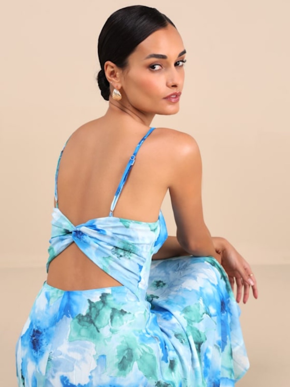 Lulus Radiant Feelings Blue And Green Floral Chiffon Midi Dress - Size XS